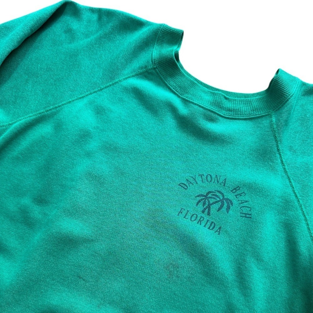 Vintage 80s Pannill Daytona Beach Florida USA Teal Raglan Surf Palm Tree Sweater - Picture 3 of 8